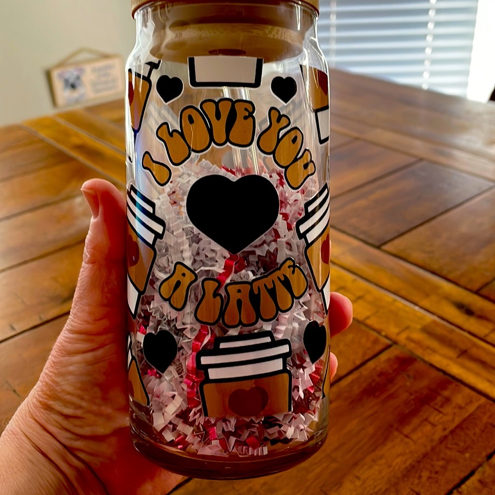 Handmade glass tumbler with bamboo lid & glass straw. Applied is a UVDTFwrap.